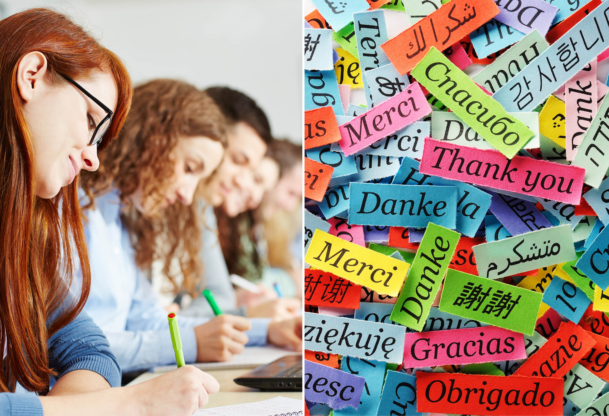 Vänster bild visar elever som studerar. Höger bild visar lappar med ord på olika språk