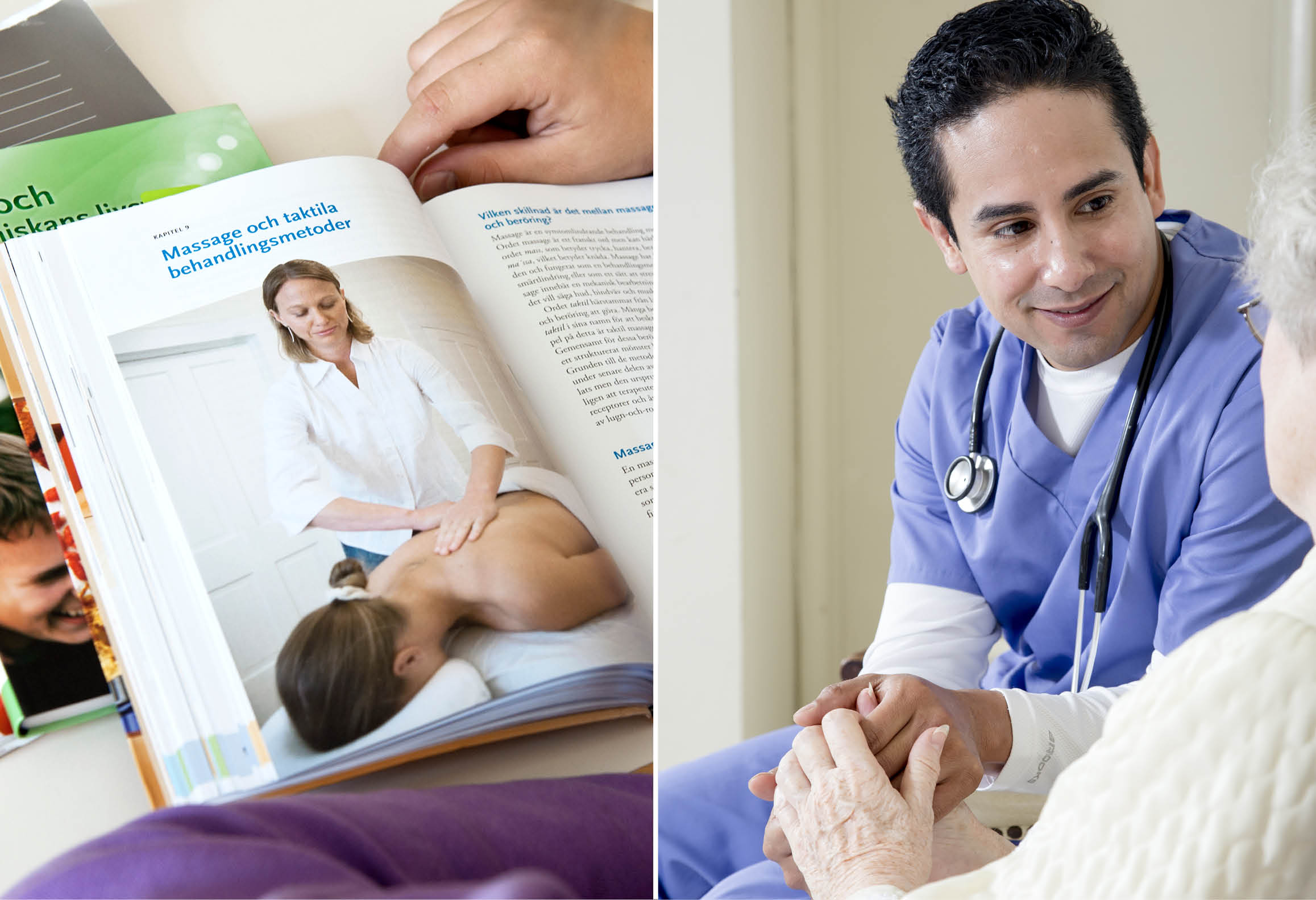 Vänster bild visar skolbok inom vård- och omsorg. Höger bild visar skötare på äldreboende